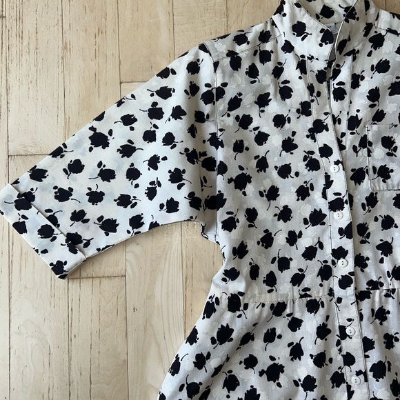 Vintage 70s 80s Petites by Willi Cotton Shirtwaist Dress Black/Ivory Floral Sz 8 - Picture 4 of 15